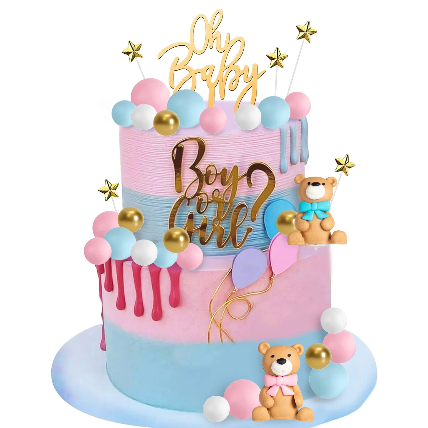 38-teiliges Teddybär-Kuchenaufsatz-Dekorationen-Set – O Baby-Kuchenaufsatz, Sterne, Perlenkugeln, Kuchendekoration für Geschlecht offenbaren Party