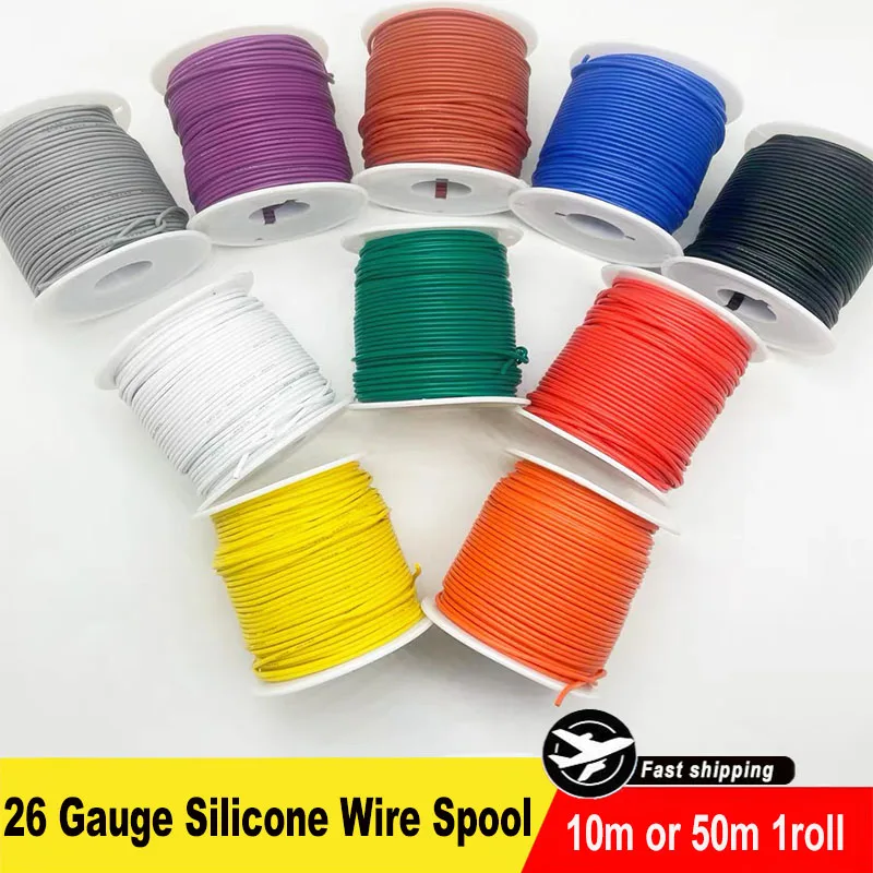26 Gauge Silicone Wire Spool, 10 Colours (32.8 ft or 164.0 ft per reel), Flexible 26 AWG Stranded Tinned Copper Wire