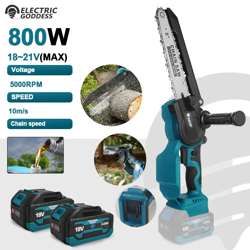 

EG Brushless 8 Inch Electric Chainsaw One-handed Woodworking Garden Power Tool Pruning Saw With 3 Pins For Makita 18V Battery