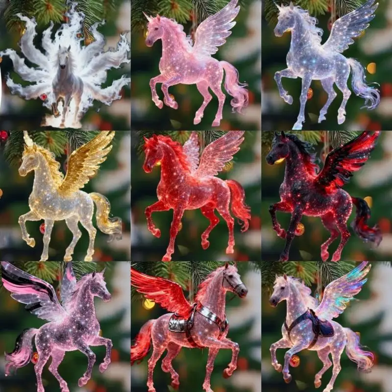 Colgantes de Navidad acrílicos 2D, colgantes de árbol de caballo del zodiaco, colgante para espejo retrovisor de coche, adornos de decoración para fiesta de año nuevo