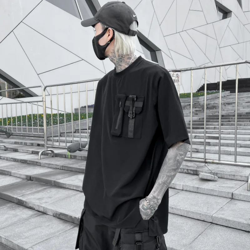 2023 Summer Tactical T-Shirt Mens Techwear Pocket Design Functional T Shirt Streetwear Harajuku Tshirt Black Tees Tops