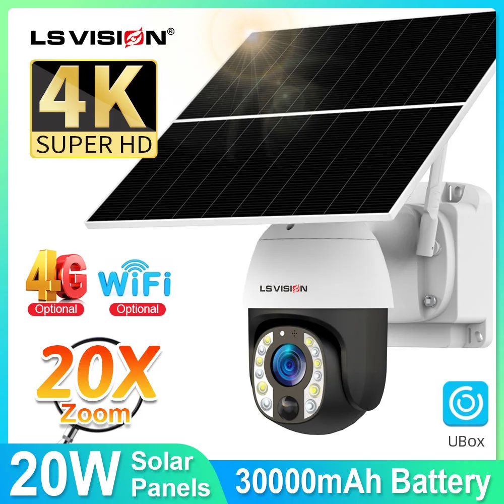 

lS VISION 4K 8MP Solar Security Camera 20X Zoom 24/7 Hours Recording 4G/WiFi Auto Tracking 30000mAh Battery Cameras 20W panel