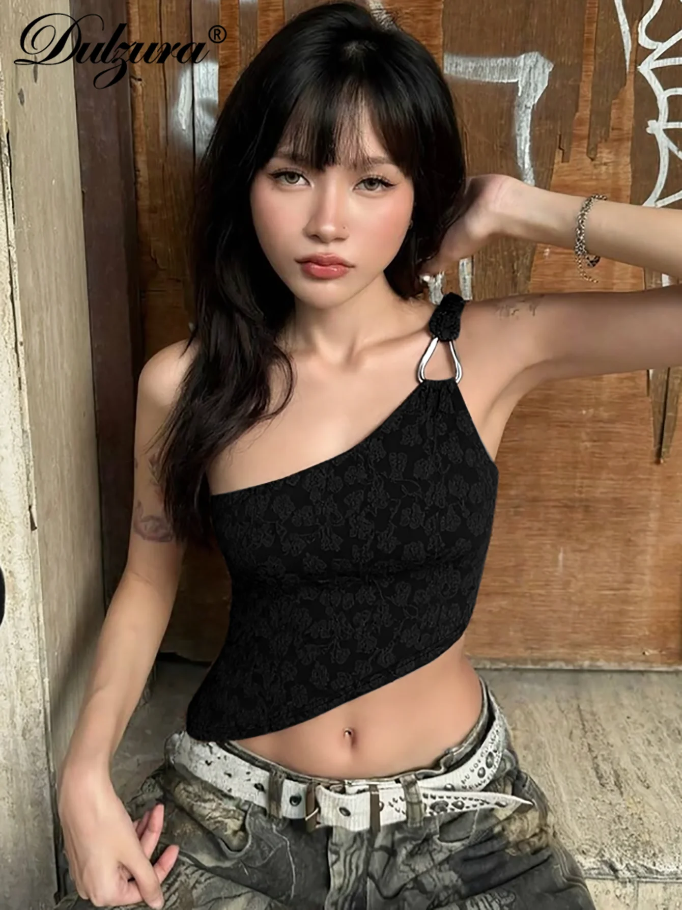 Dulzura Een Schouder Mouwloos Backless Bodycon Onregelmatige Knop Kant Tank Top Sexy Elegant Casual Y2K Tops Party Club Kleding