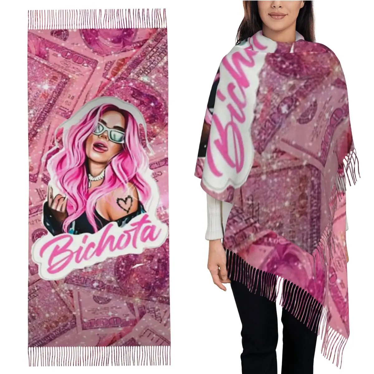 

Karol G шарф с днем святого Валентина, шарфы с кисточками, женские мягкие теплые шали и накидки, длинная осенне-зимняя шаль