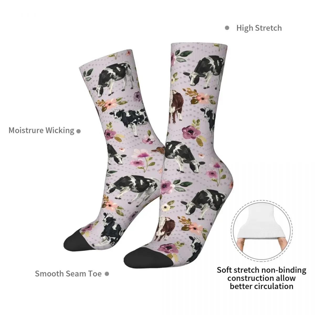 Cows And Flowers, Lavender, Watercolor Floral Socks Harajuku Sweat Absorbing Stockings All Season Long Socks Accessories Unisex