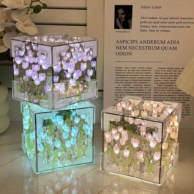 Cubo de mar de flor de tulipán 3D creativo, paquete de Material de lámpara de noche pequeña tridimensional para novia, pareja, novia