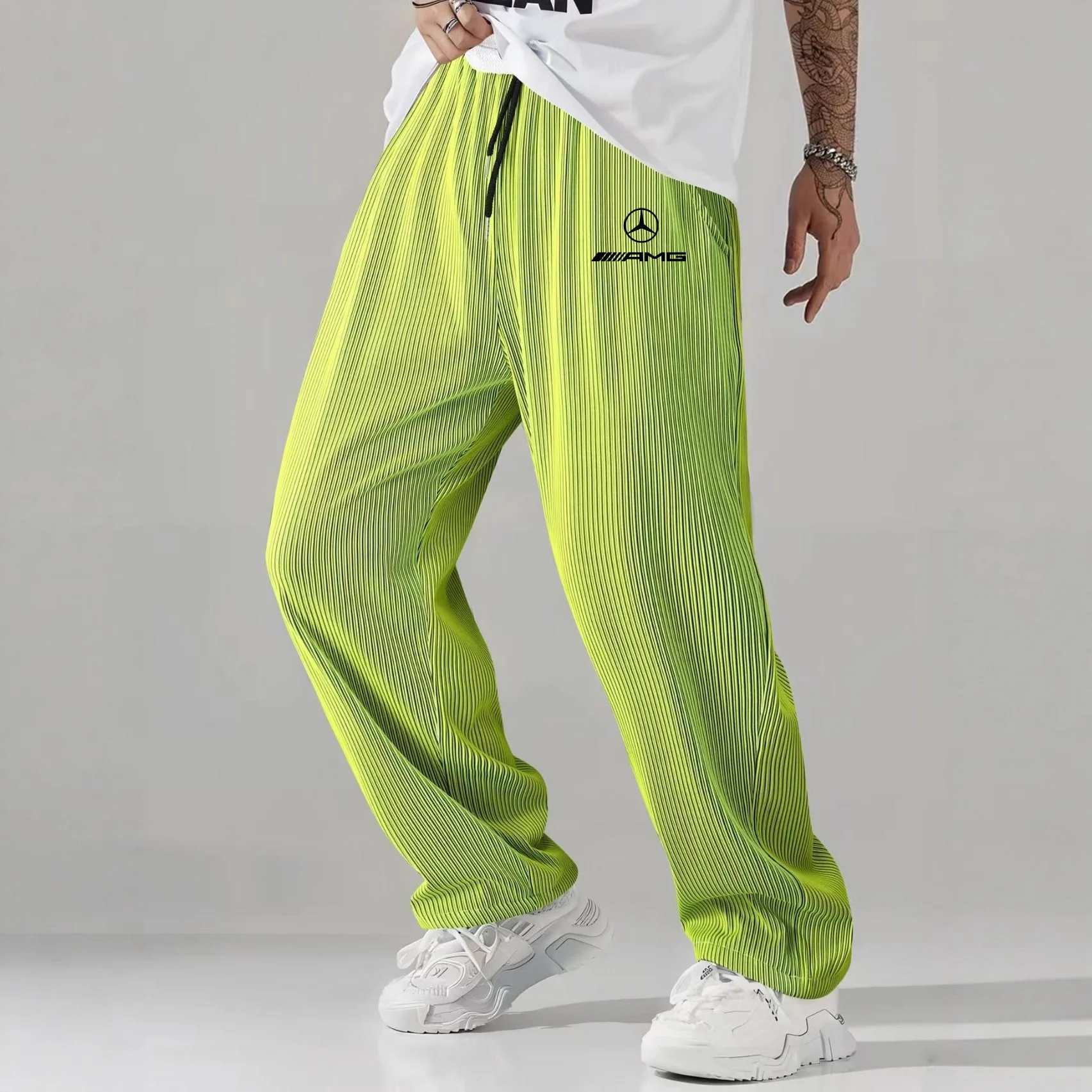 

Mercedes Benz sport casual versatile tube pants for autumn, winter, and spring, loose striped hanging wide leg pants