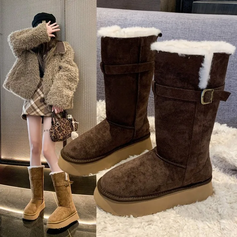 

Turned-over Edge Knee-high Snow Boots Flat with Slip-on Ladies Shoes 2025 High Quality Round Toe Mid Heel Concise Women's Boots