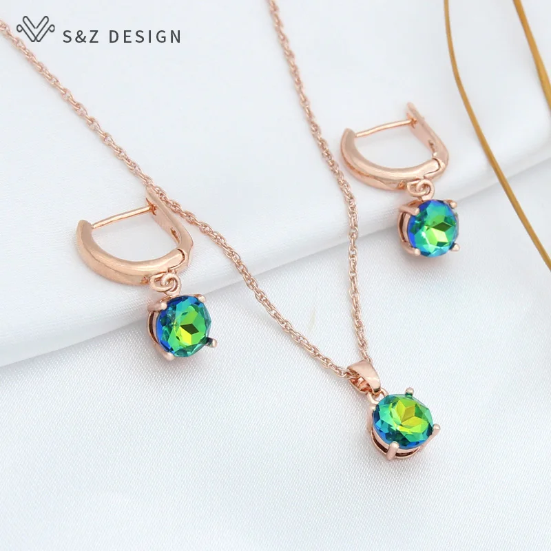 S&Z DESIGN New Fashion 585 Rose Gold Color Round Crystal Dangle Earrings Jewelry Sets For Women Wedding Pendant Necklace