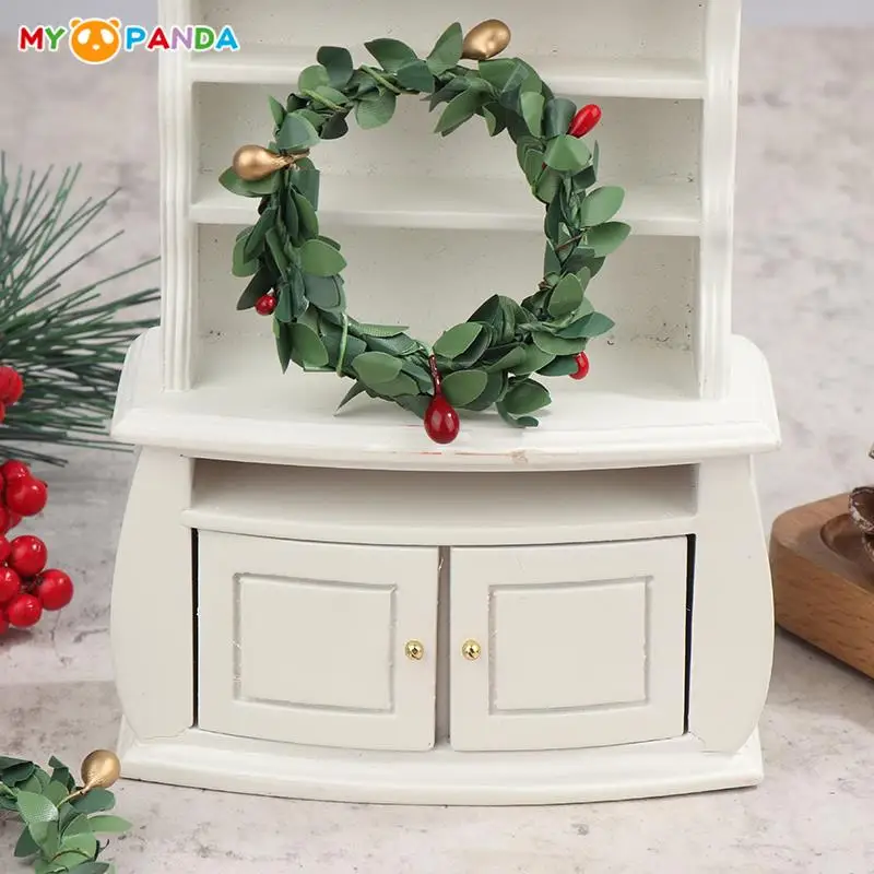 

Hot！Dollhouse Miniature Christmas Garland Wreath Red Fruit Bowknot Bell Christmas Circle Model Garden Home Xmas Scene Decor