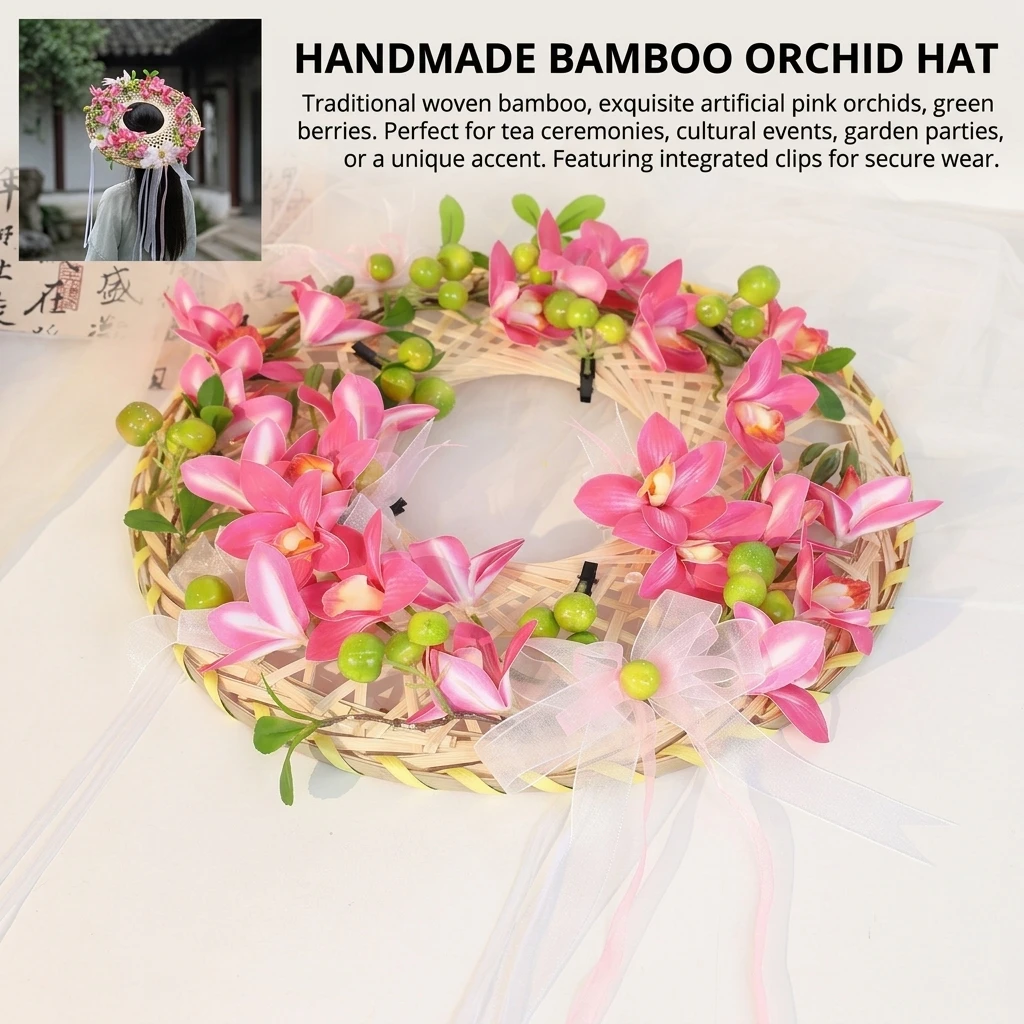 Natural Bamboo Conical Hat for Hanfu Photography Women's Traditional Chinese Costume Floral Hair Clip Set Elegant Accessory