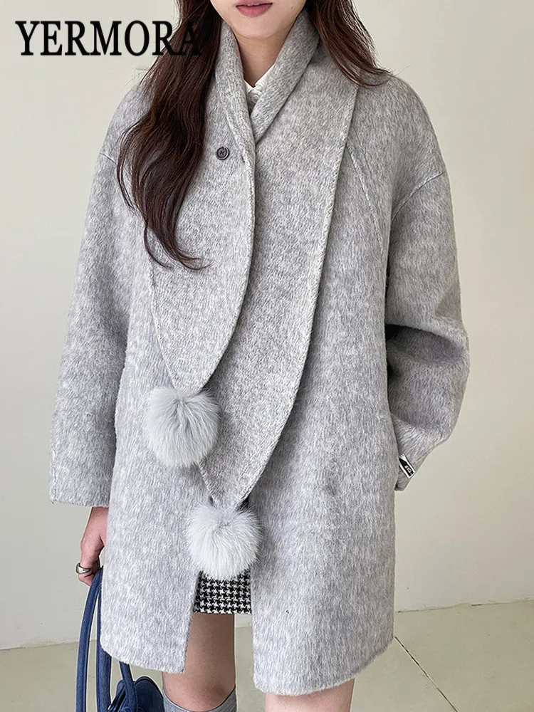 

YERMORA серый шарф с карманами и пряжкой, шерстяное пальто для женщин, свободное новое пальто с круглым вырезом и длинными рукавами, модное пальто, осень-зима 2025