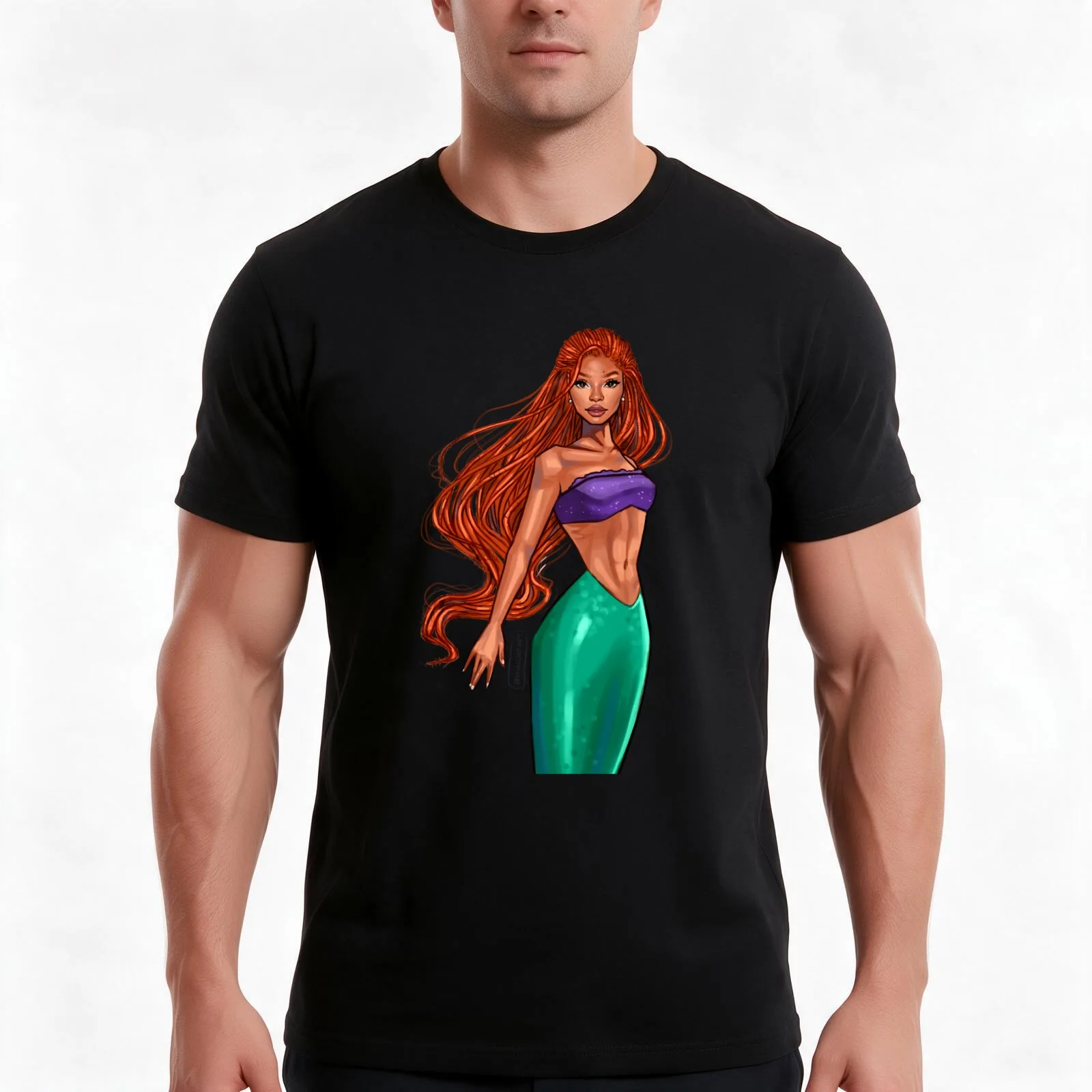 Arial mermaid drawing illustration Hailey T-Shirt, Summer Casual Cotton Tee, Oversized Streetwear Tops, Vintage Graphic Print