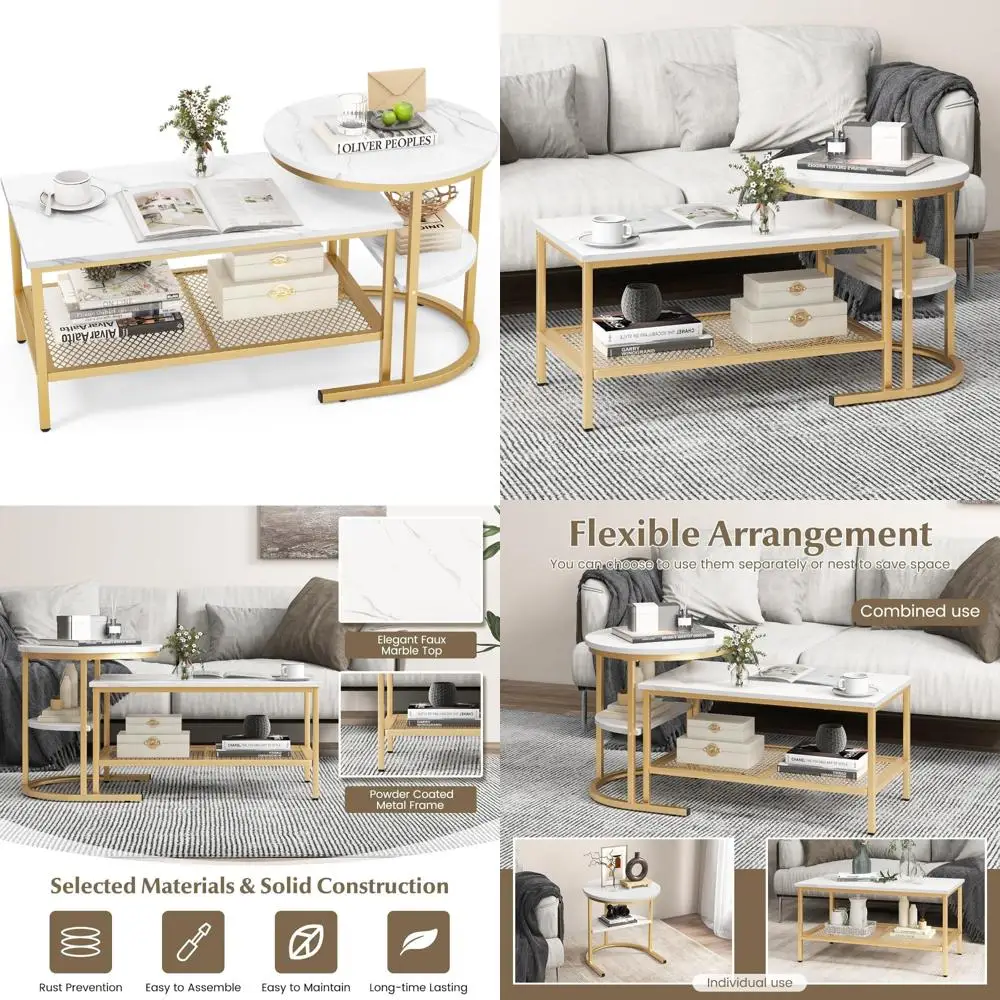 Modern Round Nesting Coffee Table Set with Faux Marble Top and Storage Shelf, 2-Piece Contemporary End Table Set