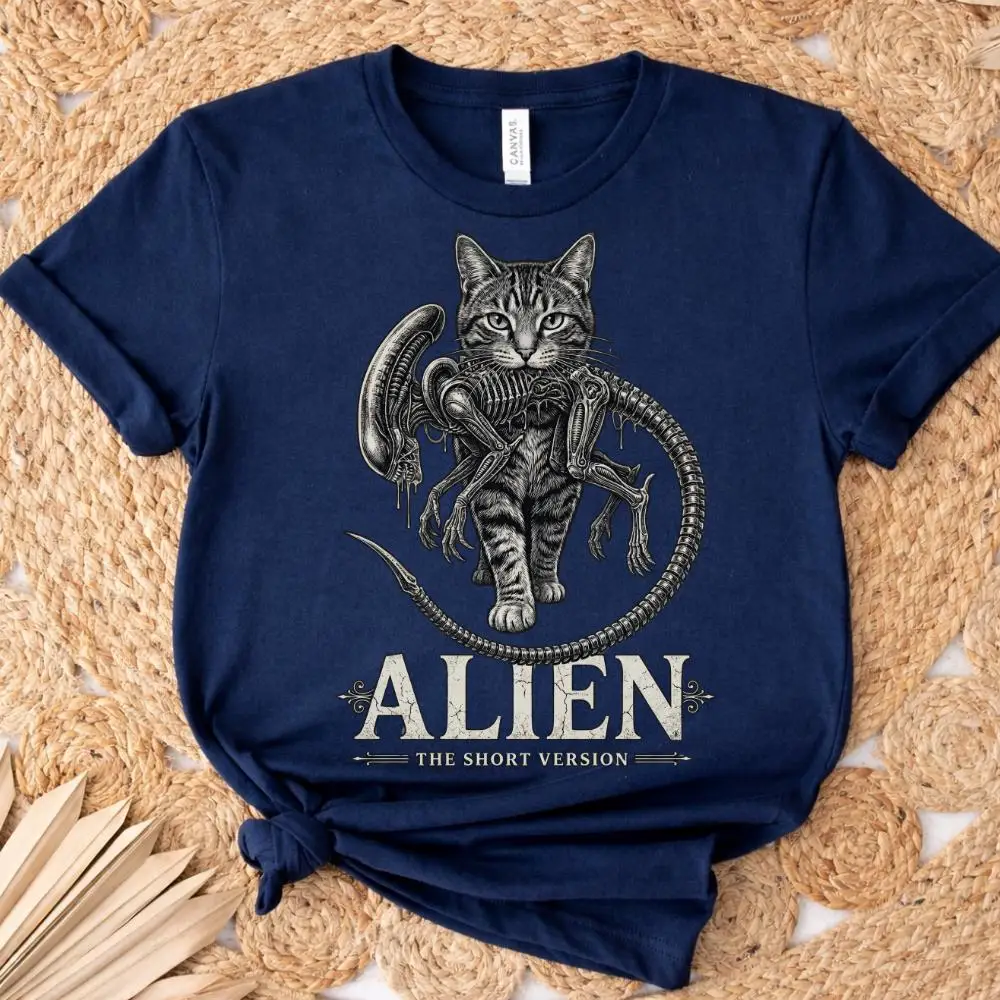Alien-Katzen-T-Shirt, lustiges Sci-Fi-Horrorfilm-Parodie-T-Shirt für Frauen, neues Unisex-T-Shirt für den Sommer – Detail 8