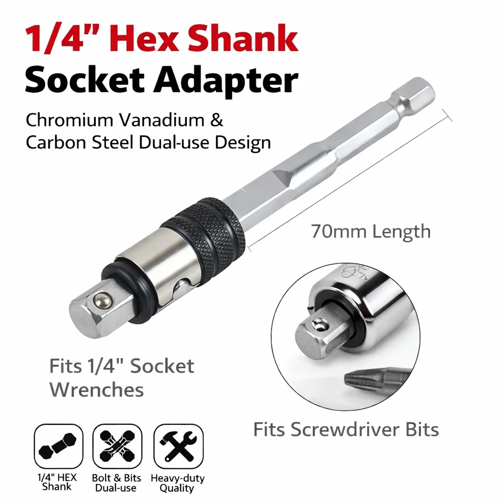 Adaptador de Soquete Sextavado de 1/4'' com Haste de Extensão de 70mm em Aço Cr-V para Furadeira/Parafusadeira de Impacto