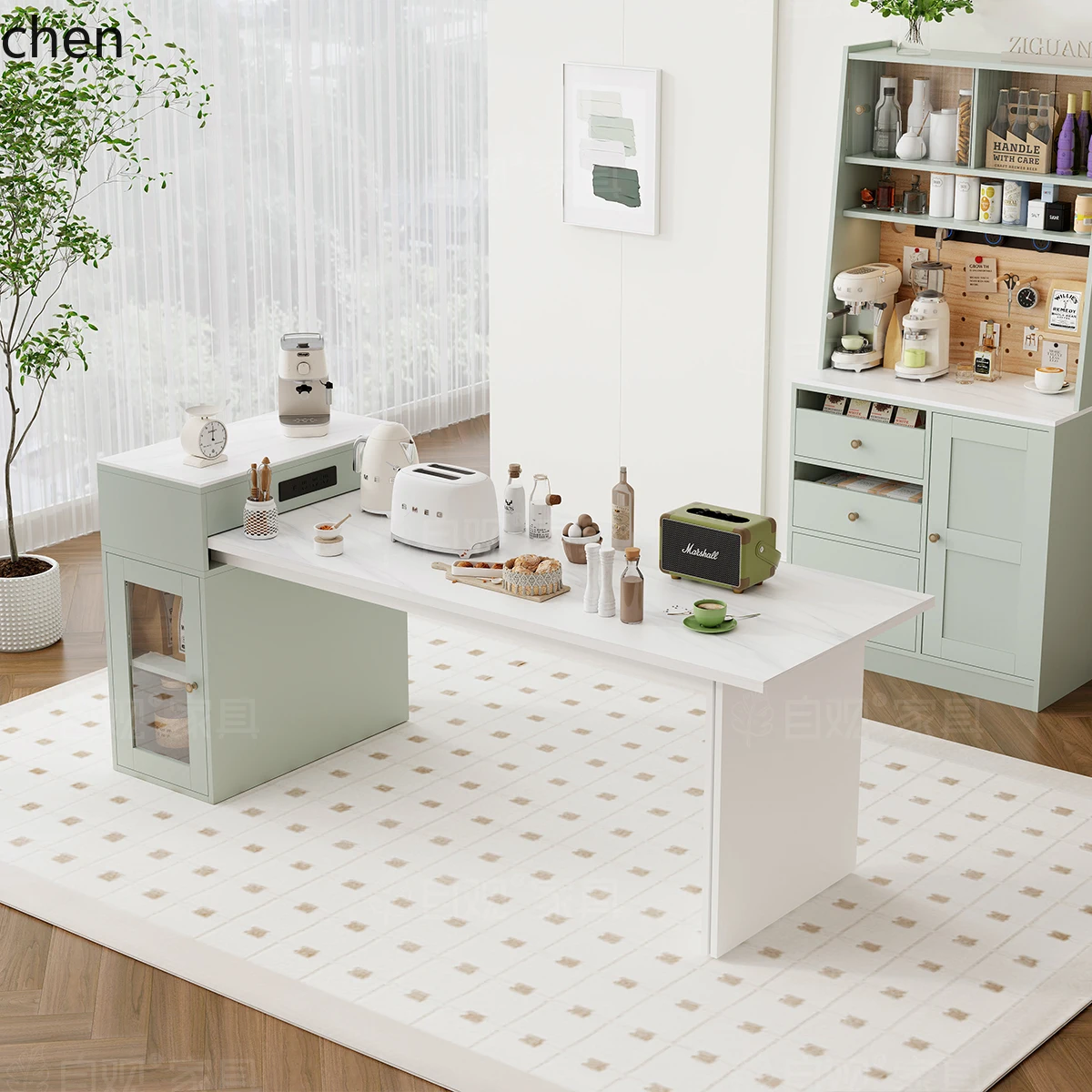 

ZML Island Dining Table Integrated Extendable Rock Slab Countertop Bar Table Dining Table