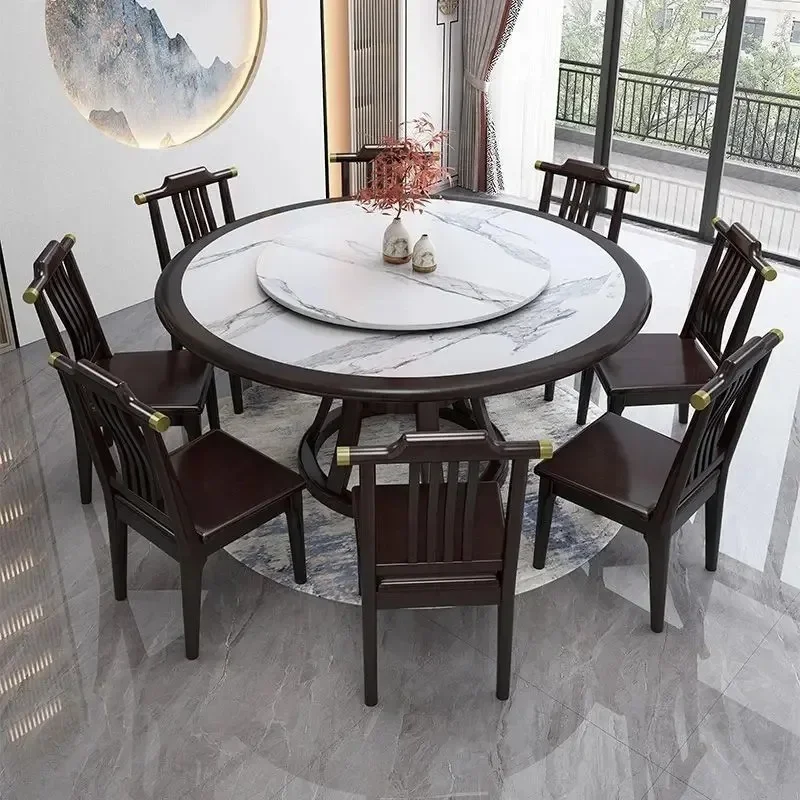 

New Chinese rock slab dining table round table solid wood turntable dining table and chair combination modern simple