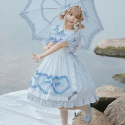 Sweet Lolita Dress Alice Heart Trim Plaid Empire Short Sleeve Dress