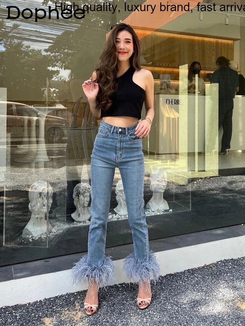 

Tassel Elegant White Ostrich Feather Stitching Jeans Women High-end Thai High Waist Stretch Ankle-Length Denim Pants Streetwear