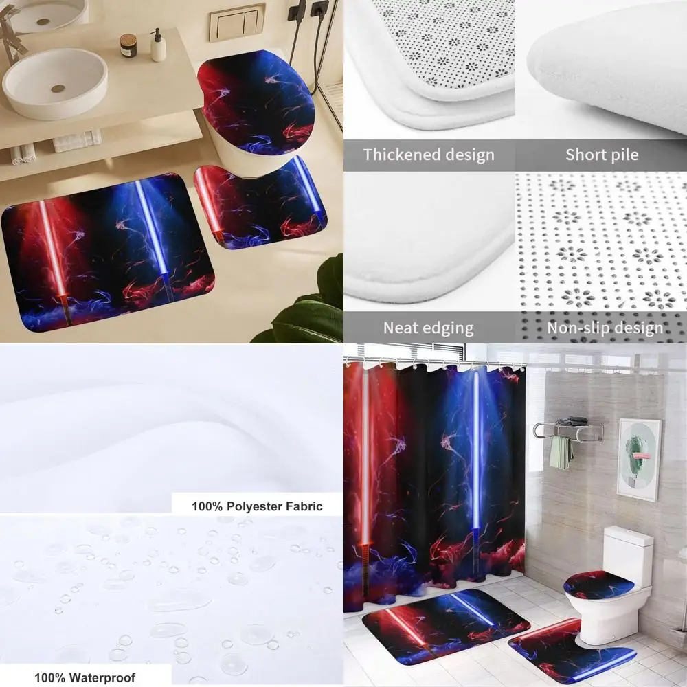 

Vintage Film Theme Shower Curtain Set with Non-Slip Bath Mat, Toilet Seat Cover, and Rugs, Waterproof and Durable, Ideal for Bat
