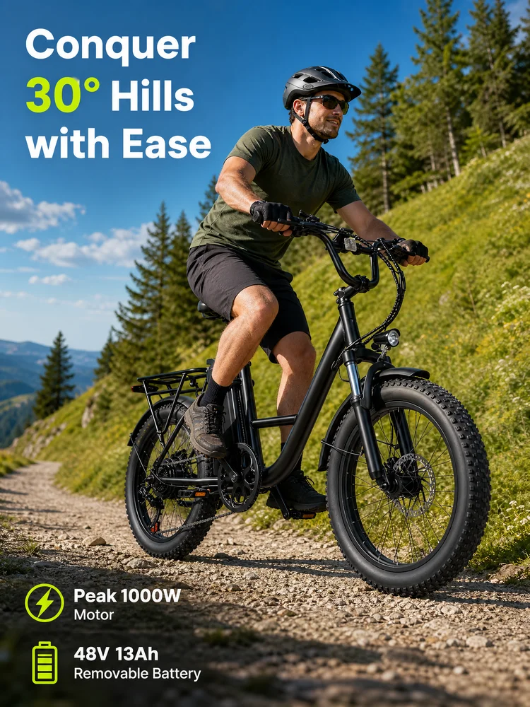 Electric Mountain Bike for Adults, 1000W Peak Motor, 90km PAS Range, 48V 13Ah Removable Battery, 45km/h Top Speed, 30° Climbing Ability