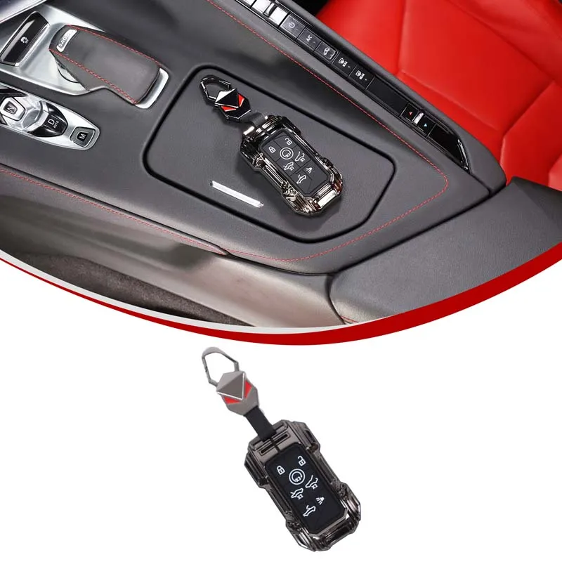 Mech Style Car Remote Key Shell Case Zinc Alloy Key Holder Cover Key Ring Key Fob Protector For Chevrolet Corvette C8 2020-2026