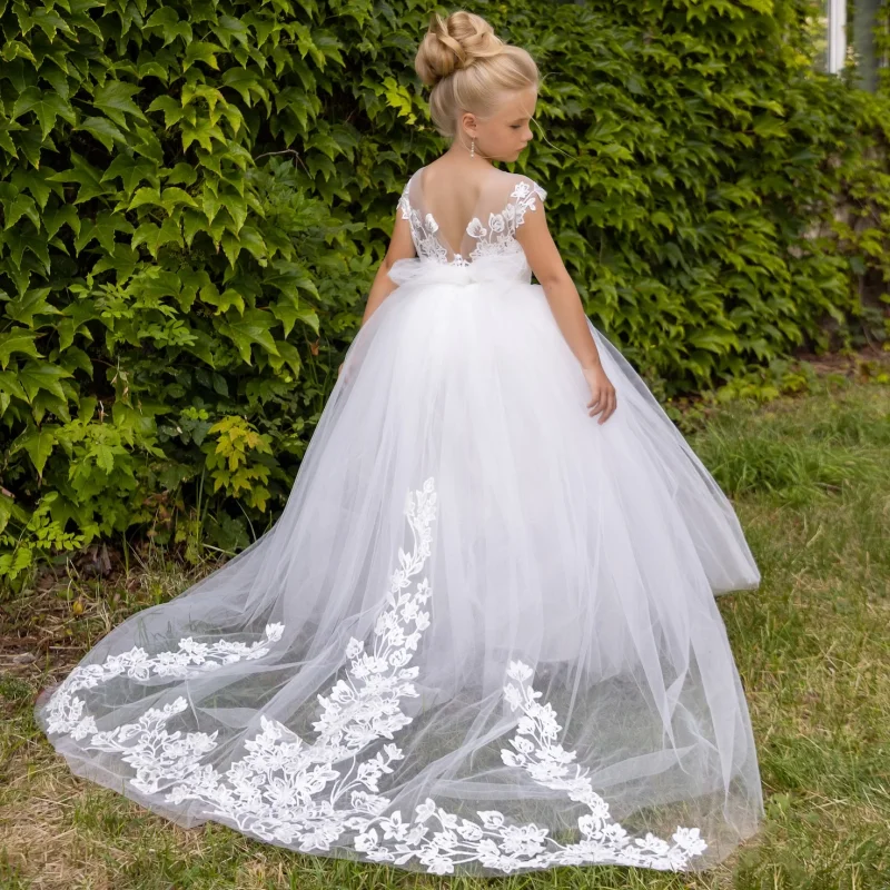 Vestidos blancos de flores para niña, apliques de tul con lazo y cola sin mangas para boda, fiesta de cumpleaños, vestidos de comunión