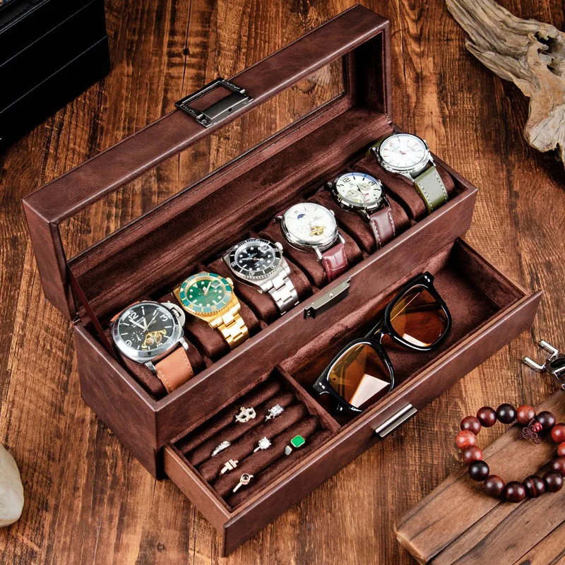 

Коробка для часов на 6 мест, 2-х уровневая, с прозрачной крышкой, кожаная, для хранения часов и украшений, подарок для отца.