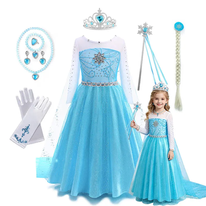 Girls Elsa Princess Dress Halloween Carnival Cosplay Fancy Snow Queen Themed Costume for Kids 2-10Y Birthday Party Clothes