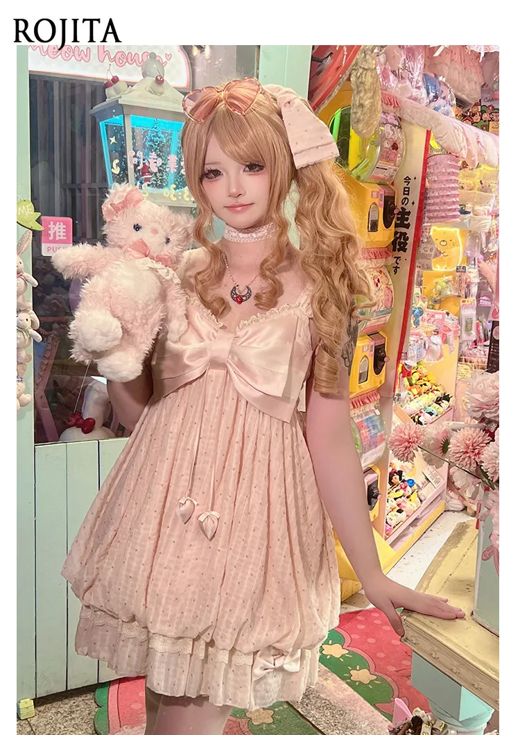 

Featuring A Puff-Skirt JSK Dress with Large Bow Cute Polka Dot Lace Bowknot Cami Dress Spring Summer Sweet Girls Princess Dress