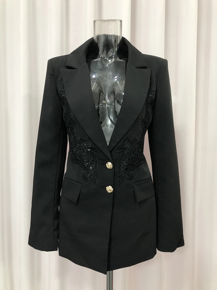 VGH Hollow Out Solid Embroidery Blazers For Women V Neck Long Sleeve Spliced Button Autumn Design Sense Jacket Female Fashion