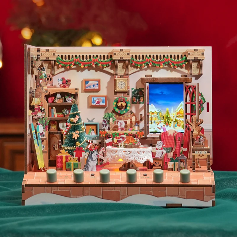 DIY Christmas Casa Wooden Doll Houses Miniature Building Kits with Furniture USB Power Sound Dollhouse for Adults Birthday Gifts