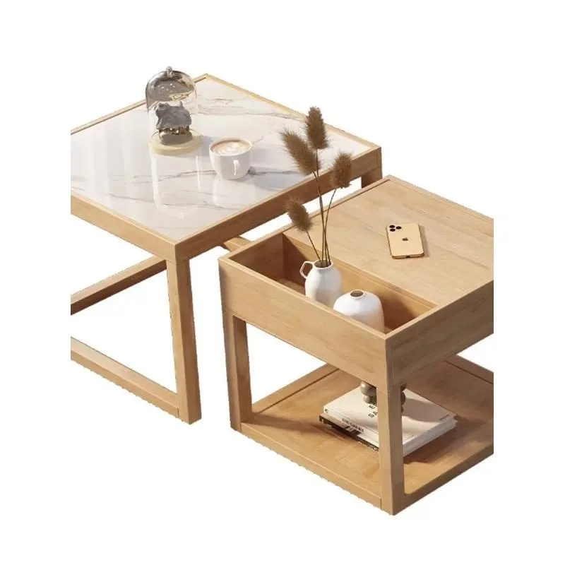 Nordic Solid Wood Coffee Table Natural Stone Pattern Square Nesting Tables for Small Apartment Living Room Log Style