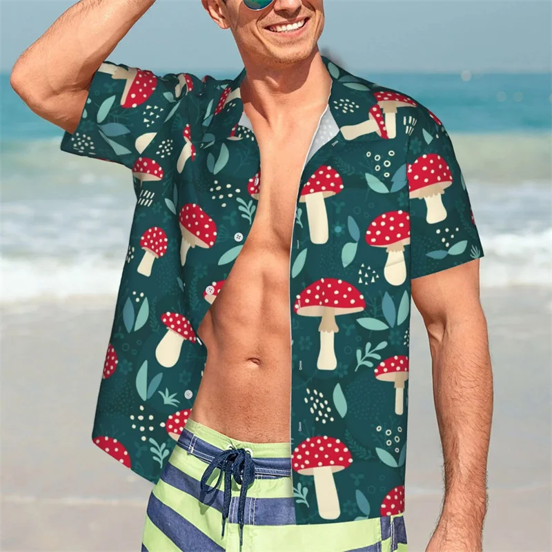 Men'S Short Sleeve Button Down Shirts Hawaiian Bright Mushrooms Printed Beach Shirt Women Floral Shirts Hawaiian Shirt Tops