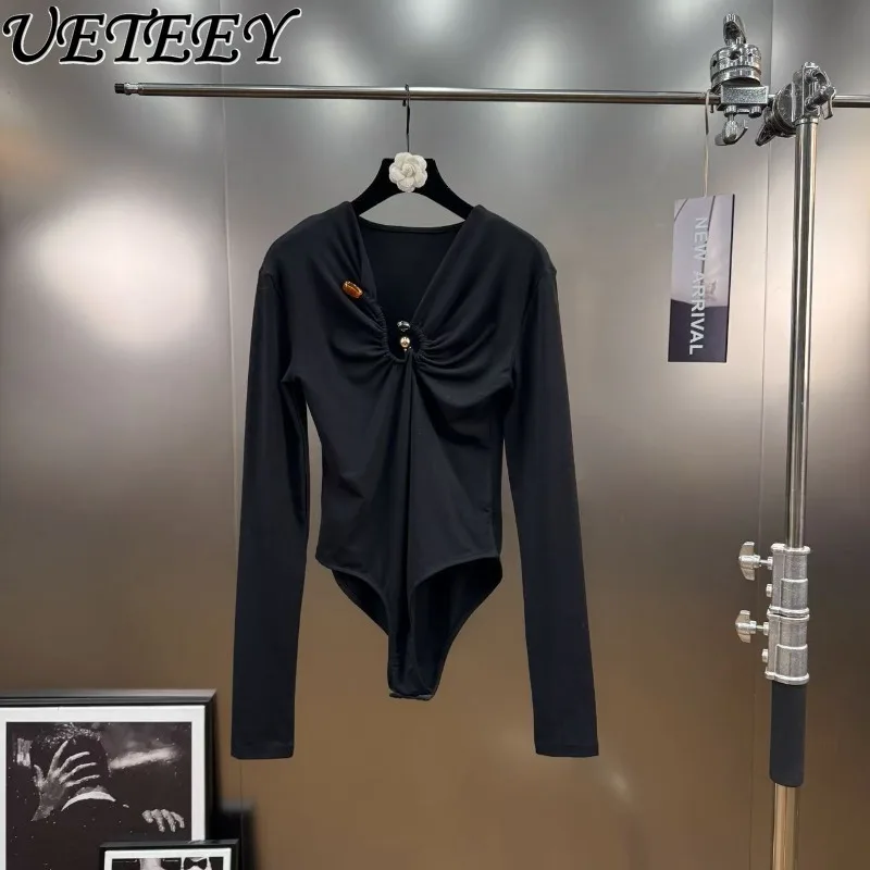 

Осень-зима, новый черный облегающий универсальный комбинезон с v-образным вырезом и внутренним слоем, базовая рубашка, футболка с длинными рукавами для женщин