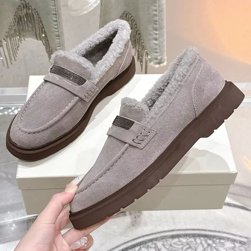 Mode Faul Faulenzer Frauen Echt Wolle Futter Casual Schuhe Wildleder String Bead Flache Schuhe Herbst Winter Dicke Sohle Wanderschuhe