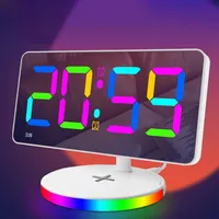 LED Digital Alarm Clock With Colorful RGB Night Light Mirror Alarm Clock With Wireless Charging New Snooze Function Alarm Clock