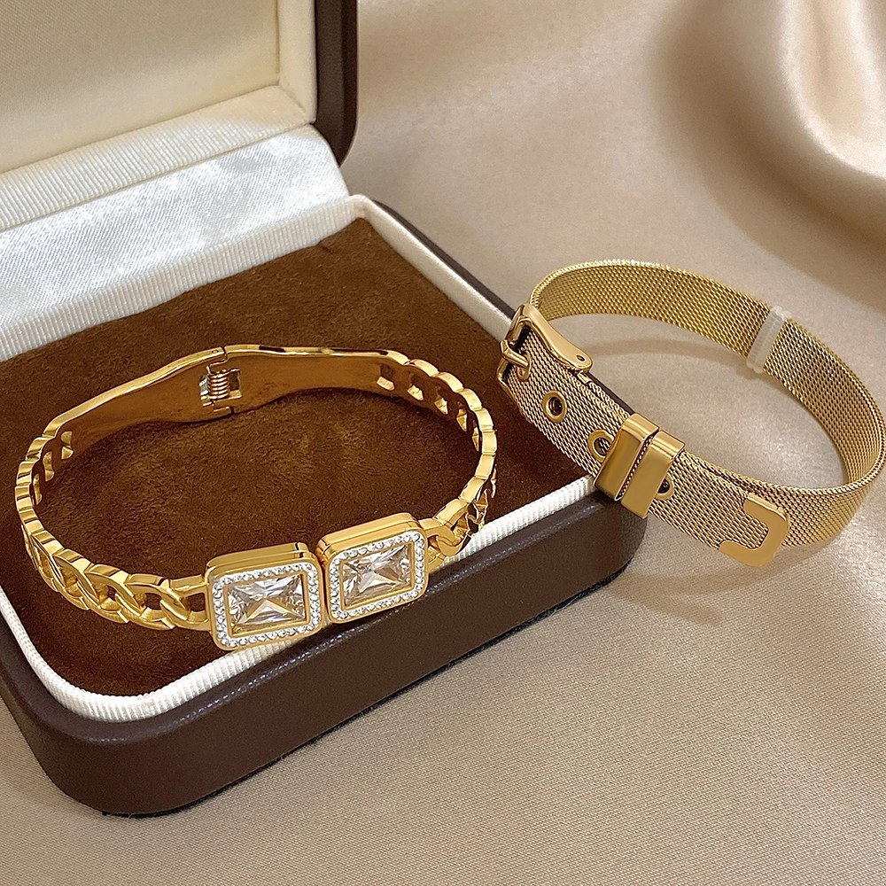 Luxury Square Zircon Chain Bangle Set for Women Gold Plated Stainless Steel Watch Strap Bracelet Adjustable Statement Jewelry