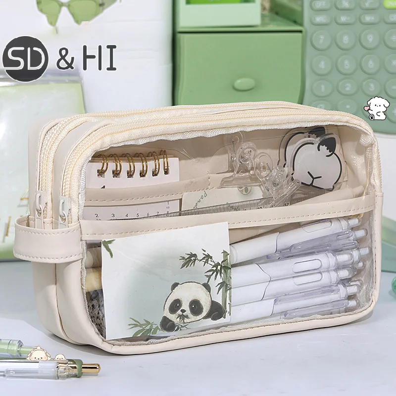 New Large Capacity Cartoon Transparent Pencil Case Minimalist Style Student Pencil Case Portable Multi-layer Stationery Bag
