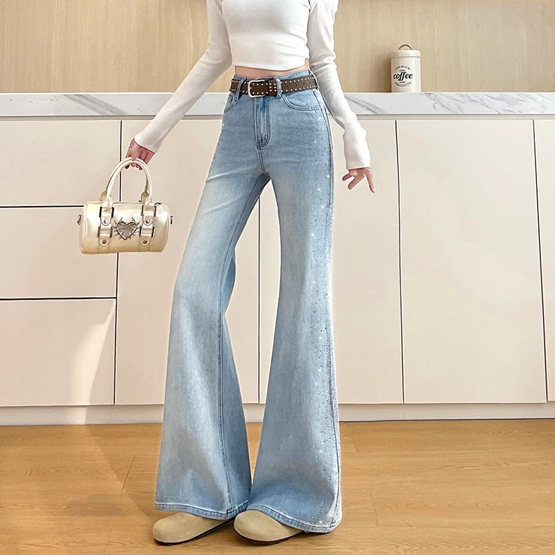 KSTUN Women's Flared Jeans Skinny High Waisted Stretchy Bell-bottom Trousers Rhinestones Sparking Y2K Streetwear Blue Jeans