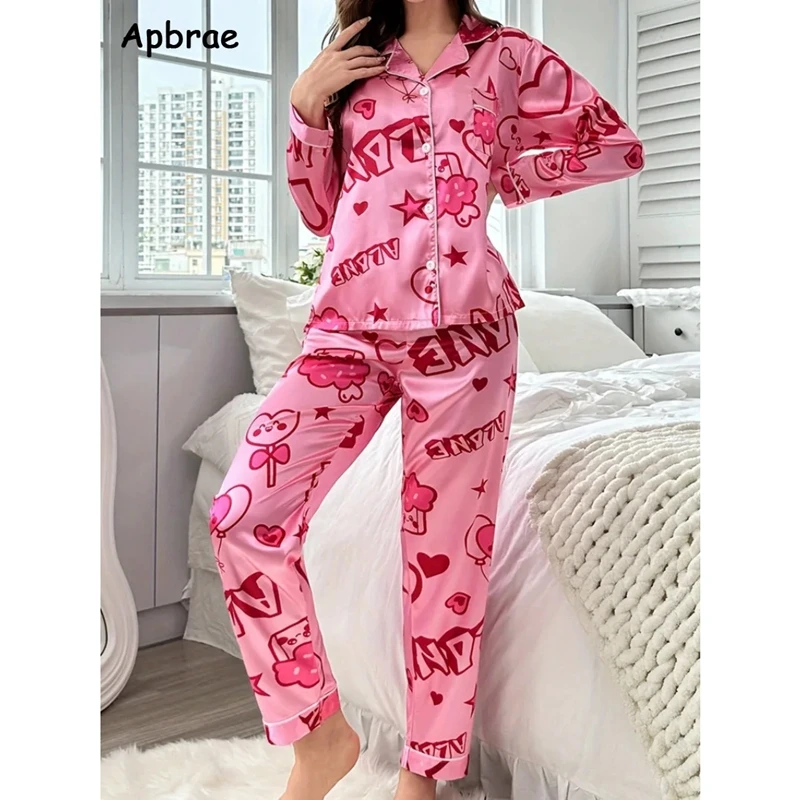 Spring Autumn New Pajamas for Women Heart Print Pajama Sets Pink Woman Pijamas Satin Silk Long Sleeves Long Pants Sleepwear