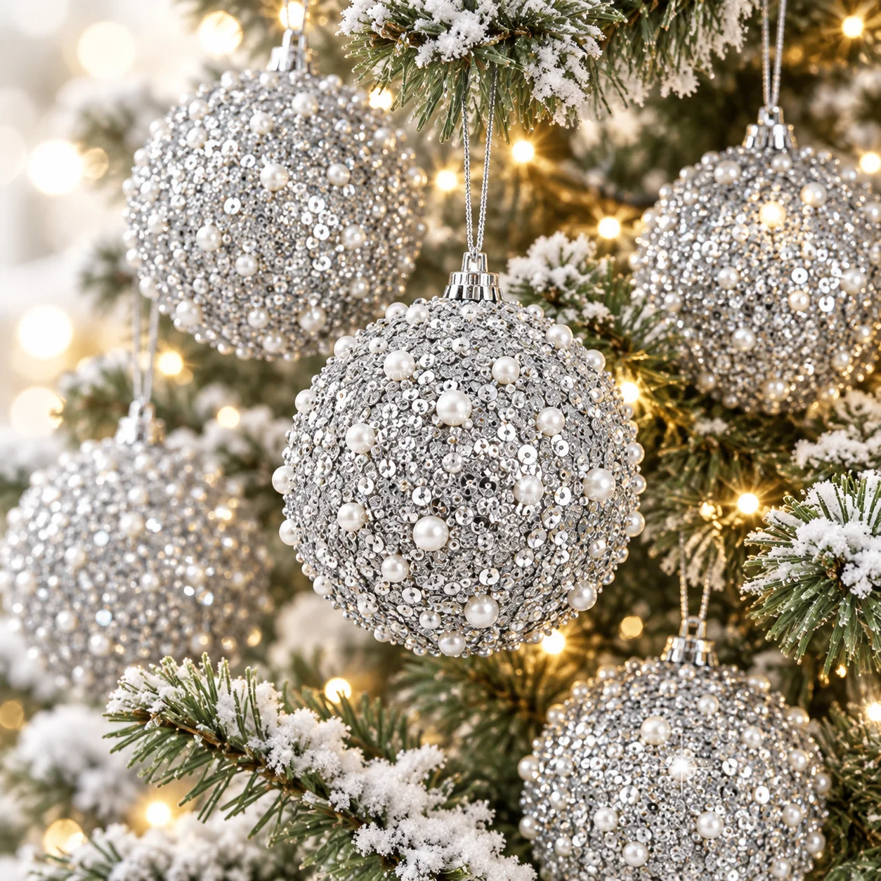 Luxury Silver Sequin & Pearl Christmas Ball Ornaments – 6-Piece Set 2