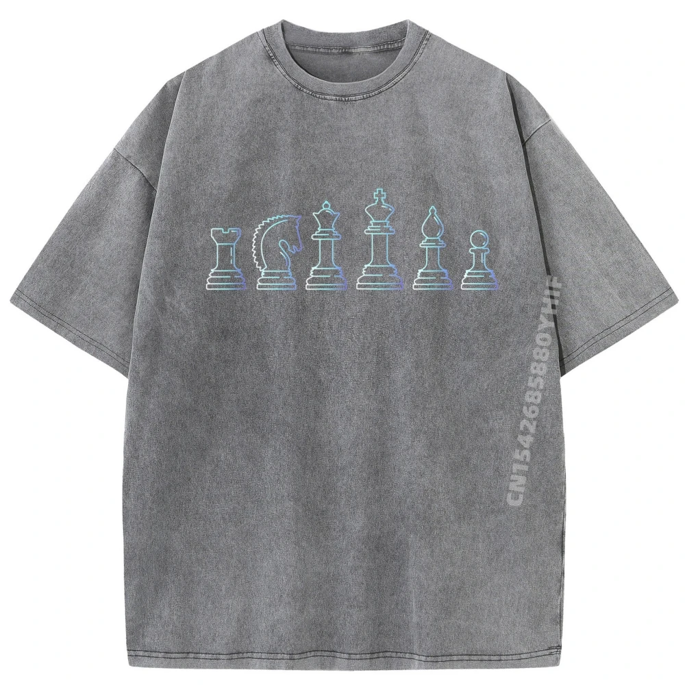 

Group T-shirts For Men Hip Hop Printed Retro Chess Pieces Set Pure Cotton Mens Tops Tees Family Short Sleeve Washed Tops Shirt