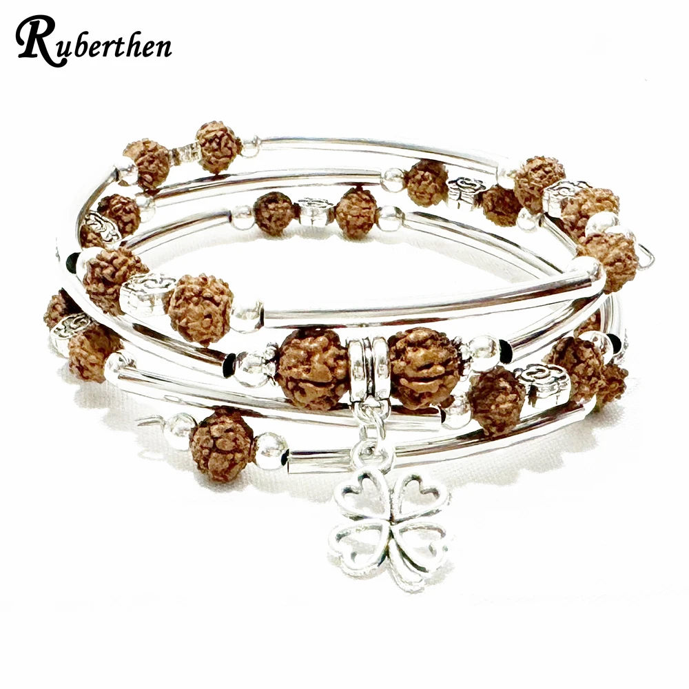 Ruberthen New Design 6/8 MM Rudraksha Boho Wrap Bangle Womens Natural Gemstone Handmade Bohemian Bracelet