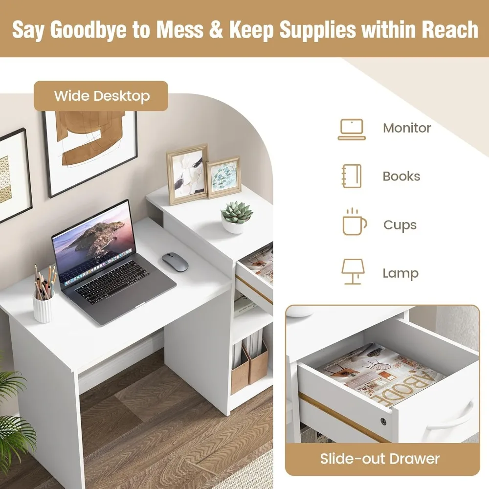 مكتب كمبيوتر أبيض حديث مع رف ودرج قابل للتعديل، محطة عمل مدمجة لدراسة الكتابة للمكتب المنزلي