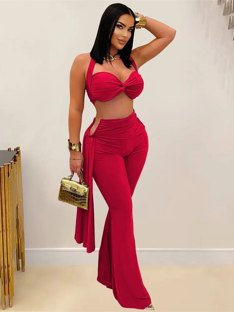 

Weird Puss Sexy Chic 2 Piece Set Women Summer Halter Backless Knot Camisole+Metal Ruched Ribbon Flare Pants Matching Outfits