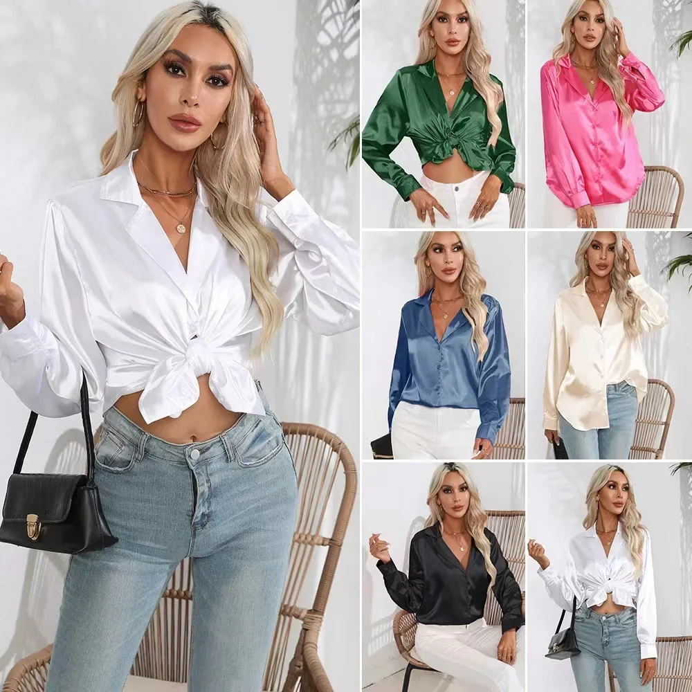 

Explosive Real Shot Suit Collar Satin Shirt Women Satin Imitation Silk Long Sleeved Shirt New European And American Women