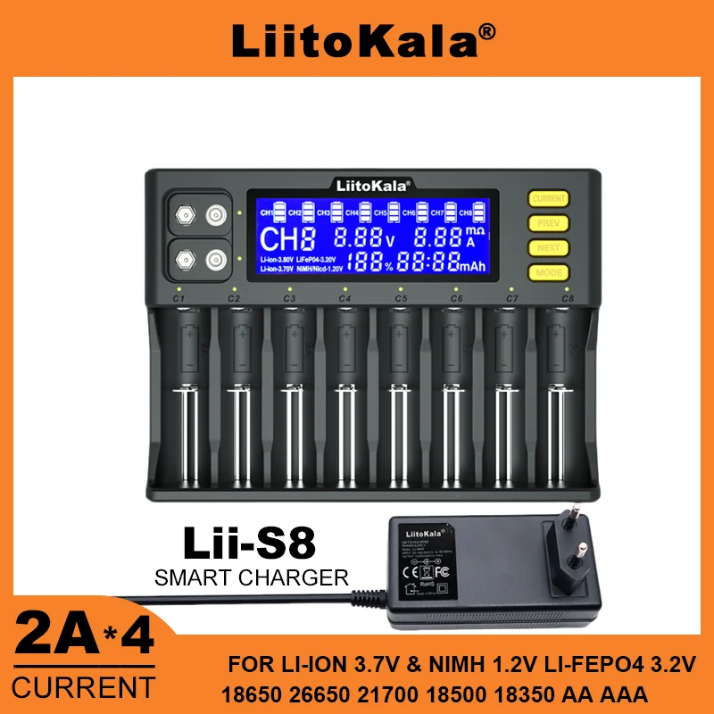 LiitoKala Lii-S8 PL2 18650 Li-ion 3,7 V NiMH 1,2 V Li-FePO4 3,2 V IMR 3,8 V do 26650 21700 26700 18350 AA AAA 9 V Ładowarka