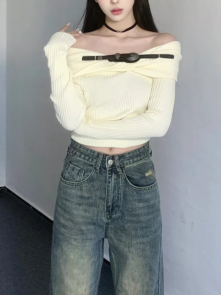 

SONNEESD Spring Vintage Slash Neck Belt Design Pullovers Harajuku Style Full Sleeve Loose Slim Pendulous Knitting Sweater